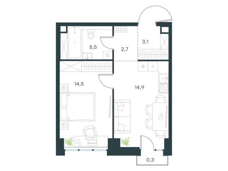 Планировка: 1-комнатная, 41.0 м²