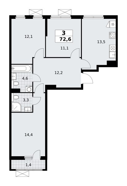 Планировка: 3-комнатная, 72.5 м²