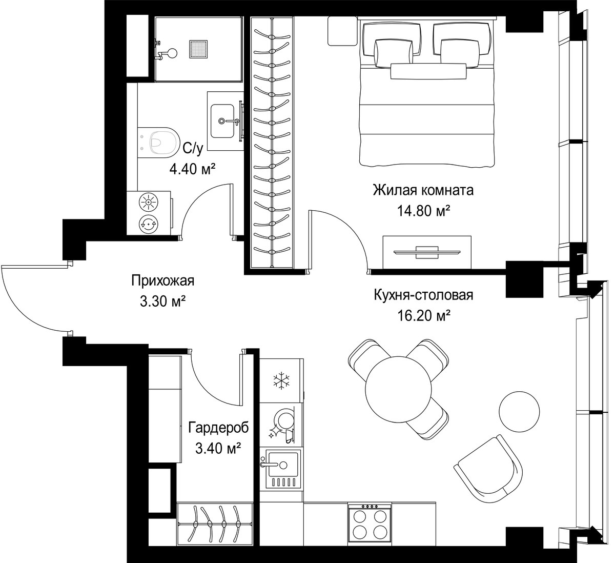 Планировка: 1-комнатная, 42.1 м²