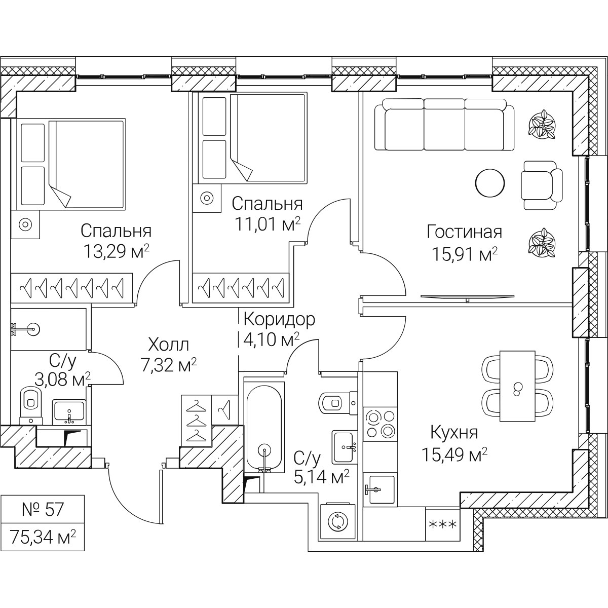 Планировка 75.34 м²