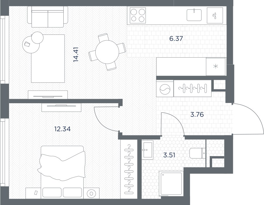 Планировка: 1-комнатная, 40.39 м²