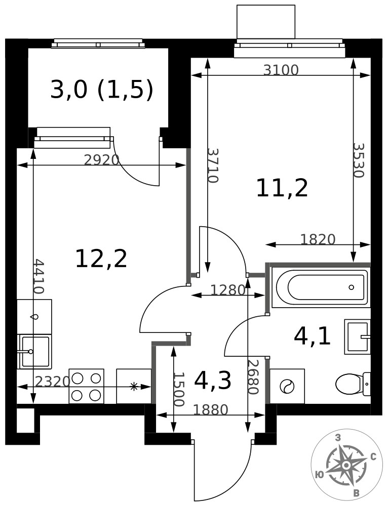 Планировка 33.3 м²