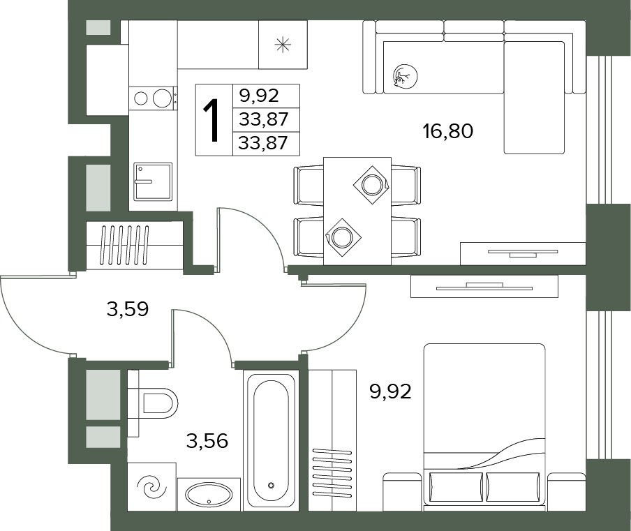 Планировка 33.87 м²