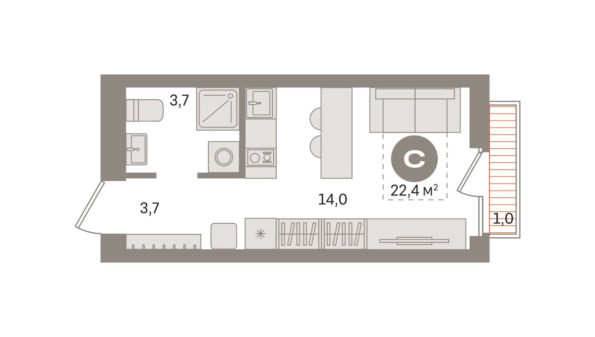Планировка: Студия, 22.42 м²