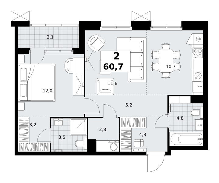 Планировка: 2-комнатная, 60.7 м²