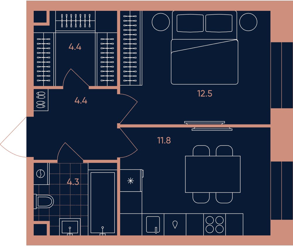 Планировка: 1-комнатная, 37.4 м²