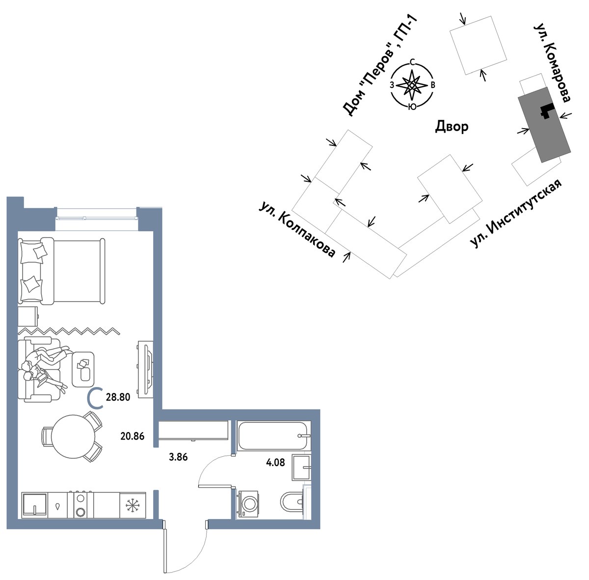 Планировка: 1-комнатная, 28.8 м²