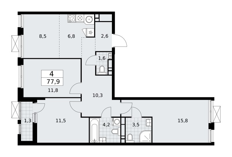 Планировка: 4-комнатная, 77.9 м²