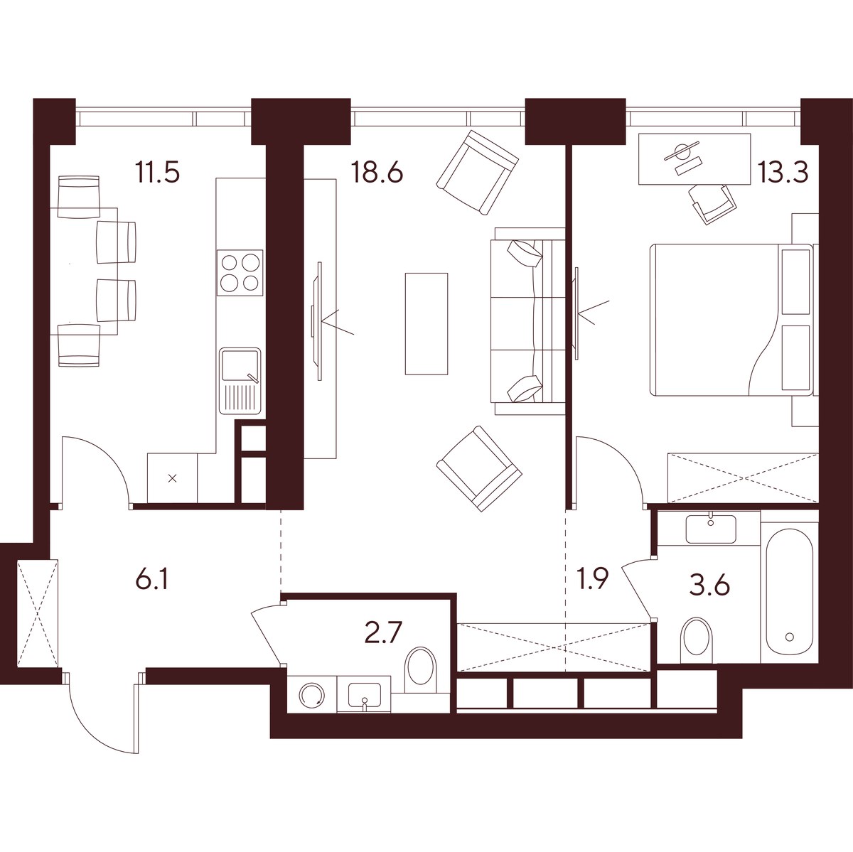 Планировка 57.7 м²