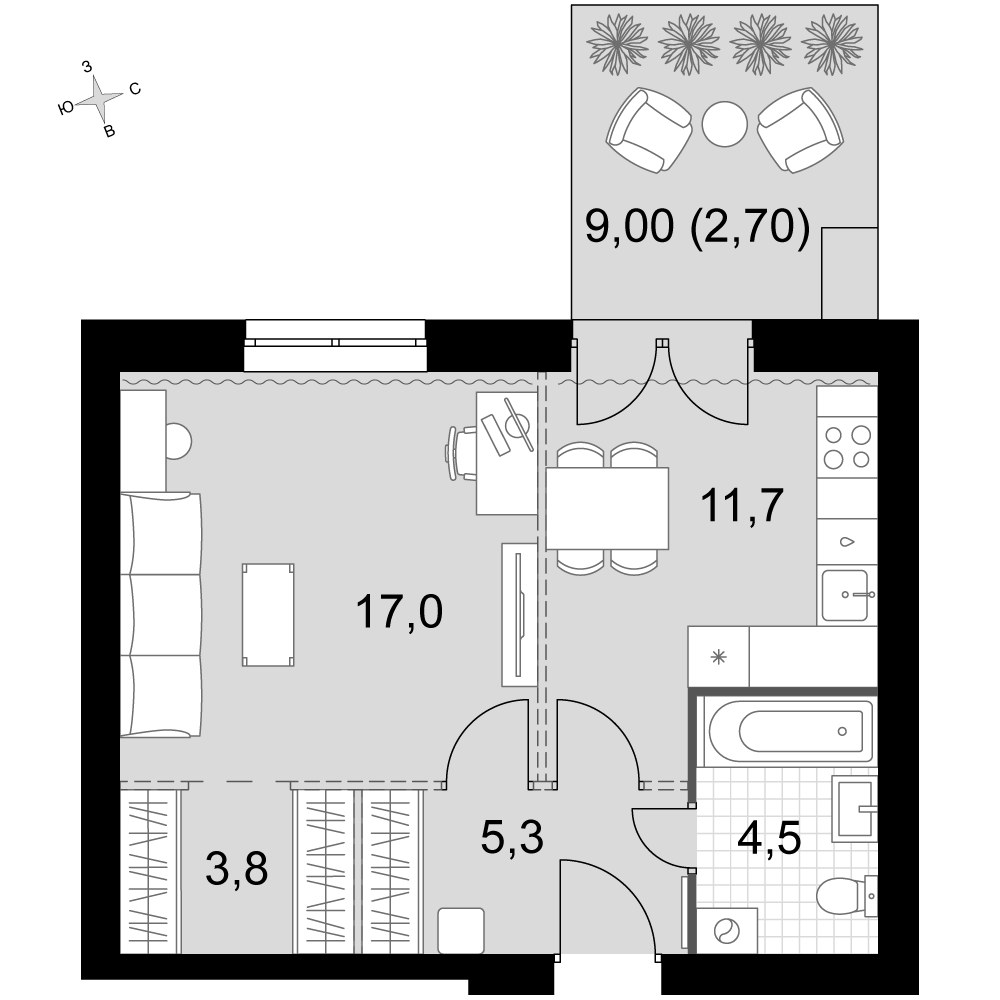 Планировка: 1-комнатная, 45.0 м²