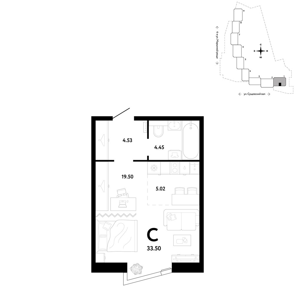 Планировка 33.5 м²