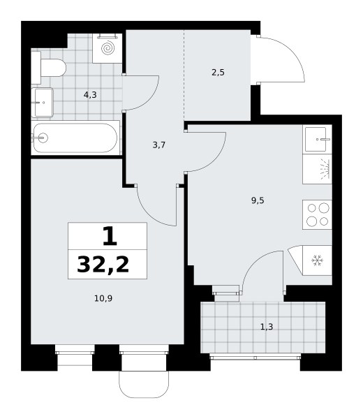 Планировка: 1-комнатная, 32.2 м²