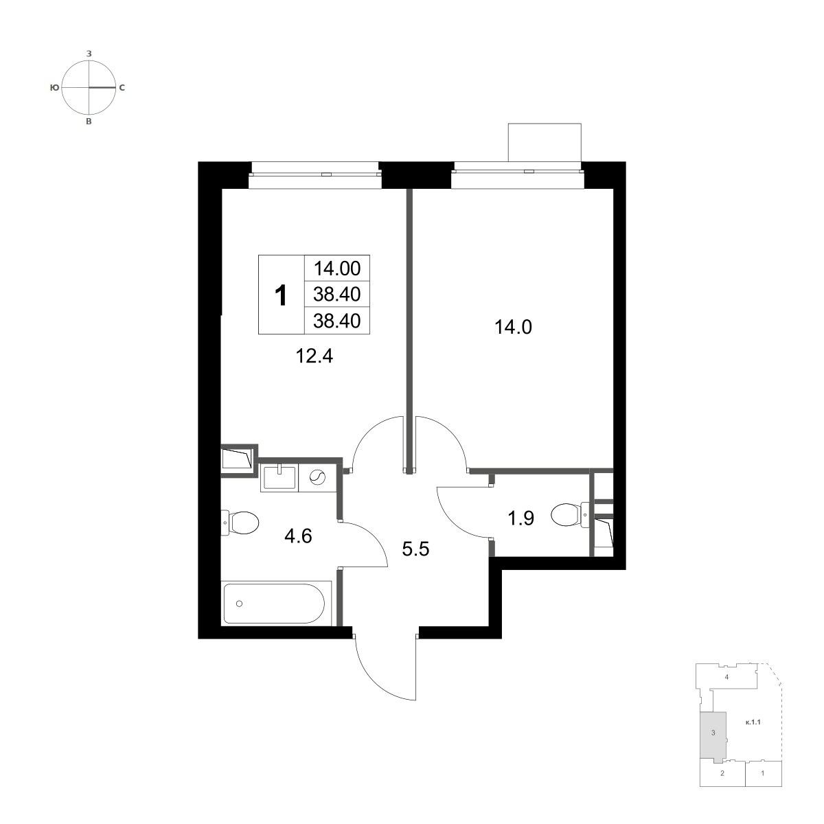 Планировка 38.4 м²