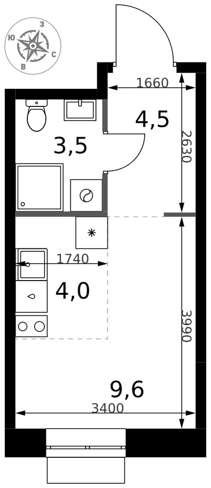 Планировка: Студия, 21.6 м²