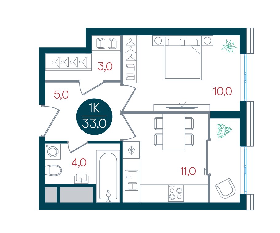 Планировка 33.0 м²