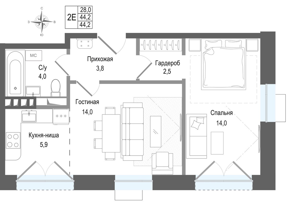 Планировка 44.2 м²