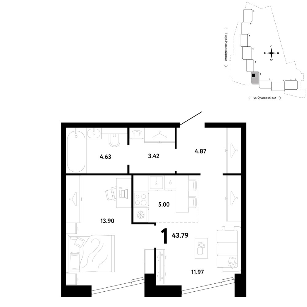 Планировка 43.79 м²