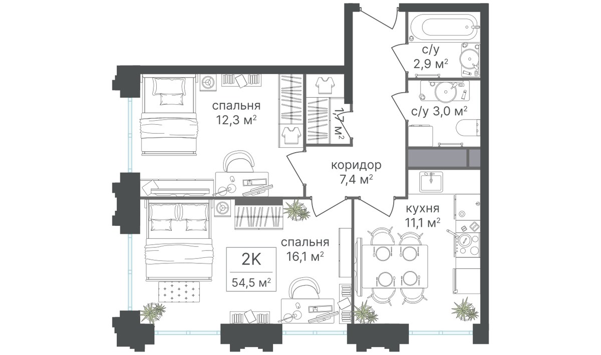 Планировка 54.7 м²
