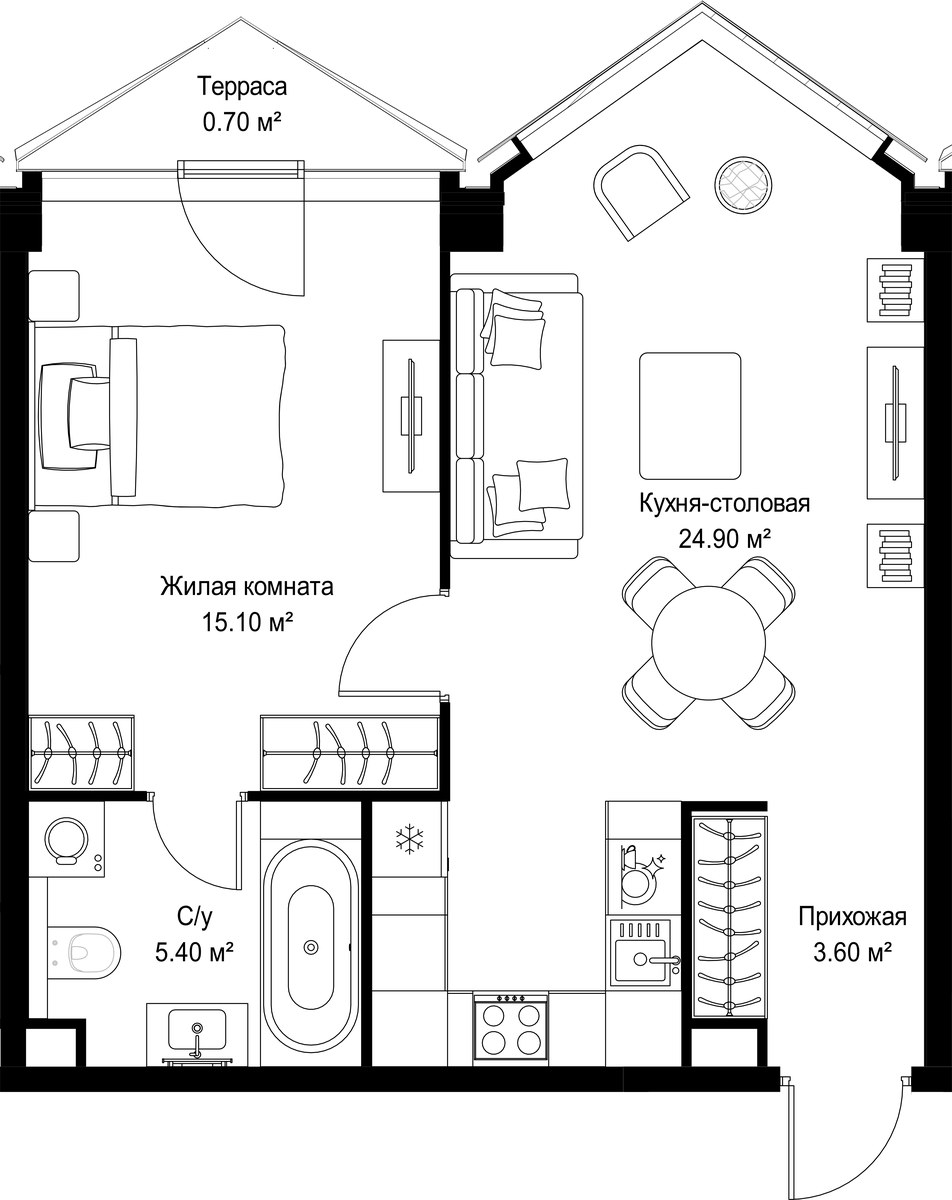 Планировка: 1-комнатная, 49.7 м²
