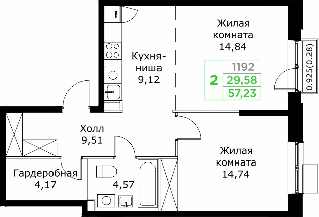 Планировка 56.9 м²