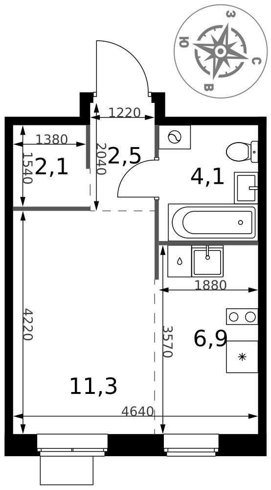 Планировка: Студия, 26.9 м²