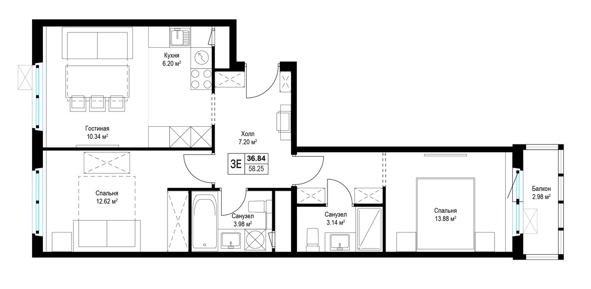 Планировка 58.0 м²