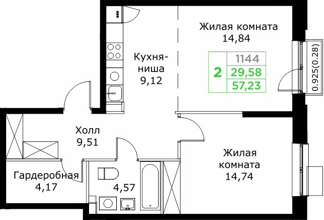 Планировка 56.9 м²