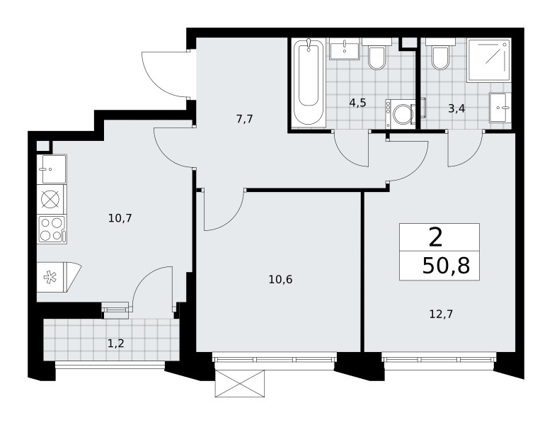 Планировка: 2-комнатная, 50.8 м²
