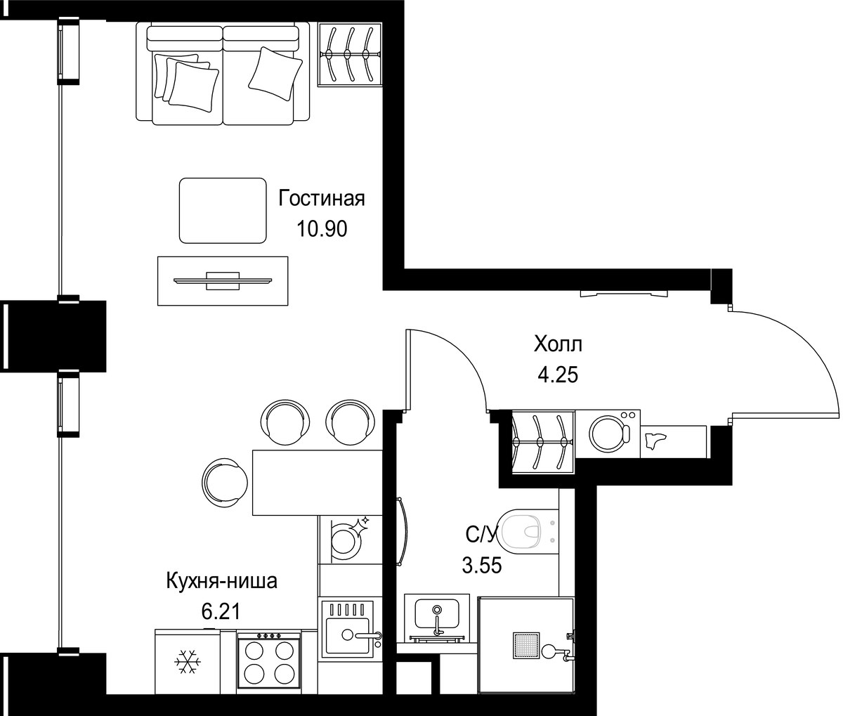 Планировка: 1-комнатная, 24.9 м²
