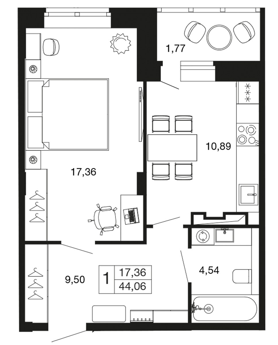 Планировка: 1-комнатная, 42.3 м²