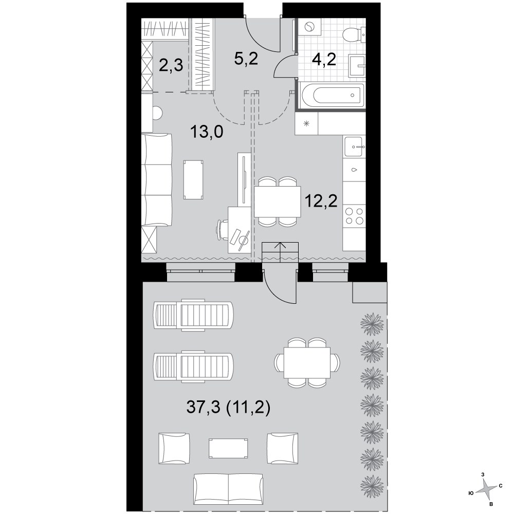 Планировка: 1-комнатная, 48.1 м²