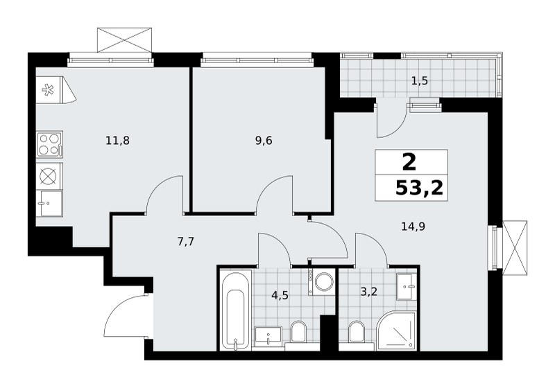 Планировка: 2-комнатная, 53.0 м²