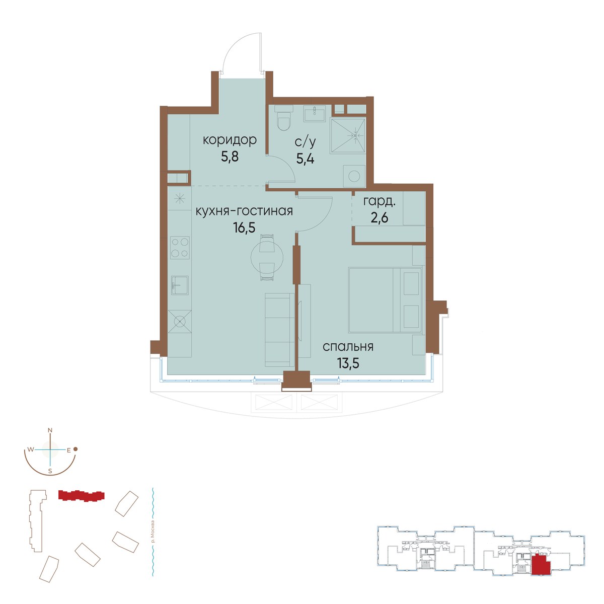 Планировка 43.8 м²