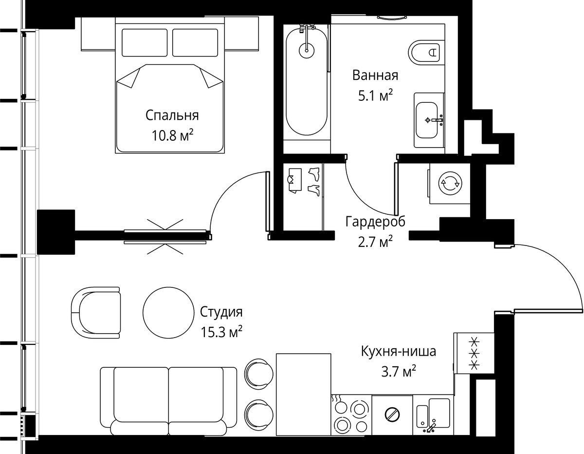 Планировка: 1-комнатная, 37.6 м²