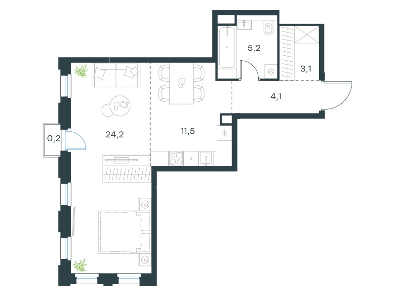 Планировка: 1-комнатная, 48.3 м²