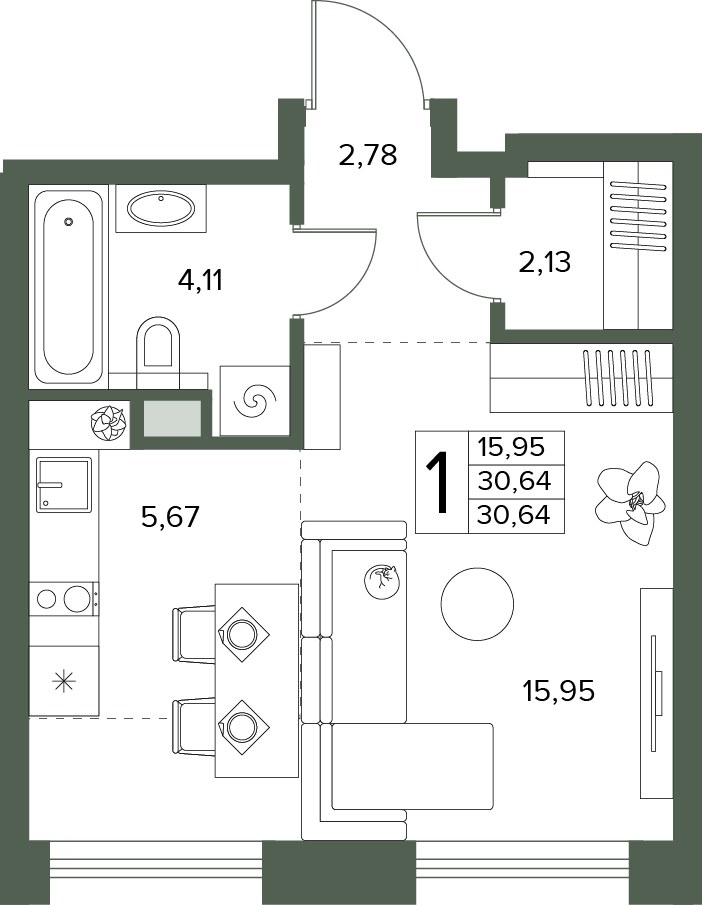 Планировка: 1-комнатная, 30.64 м²