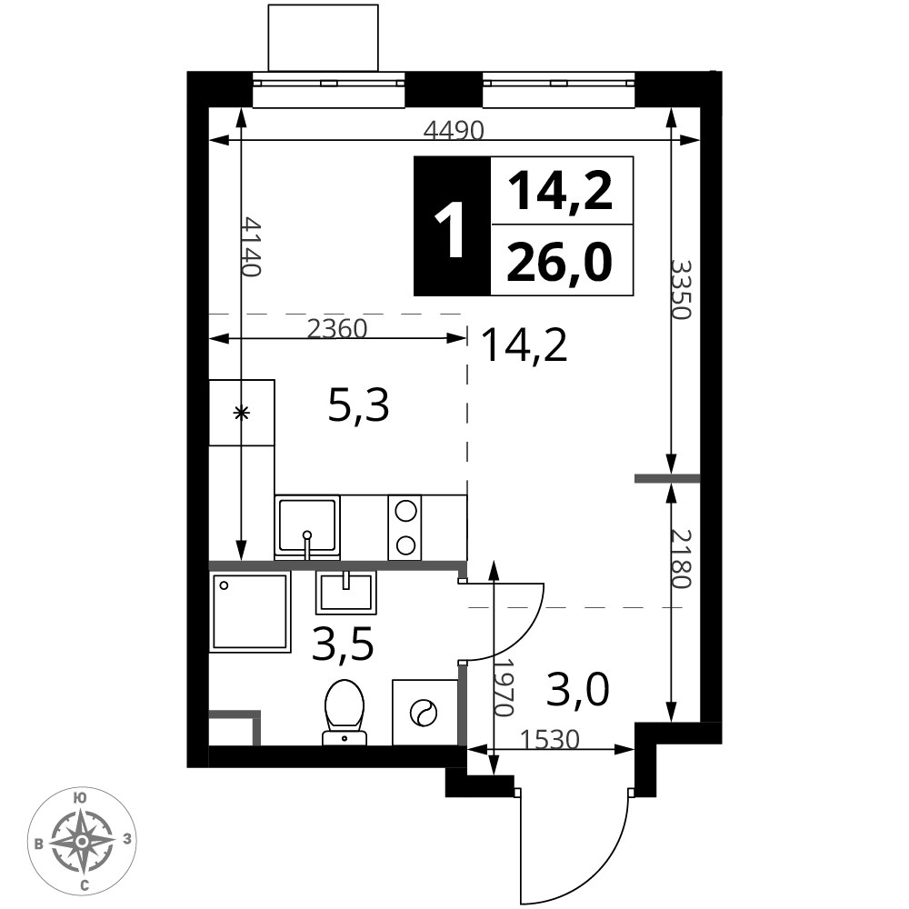 Планировка: Студия, 26.0 м²