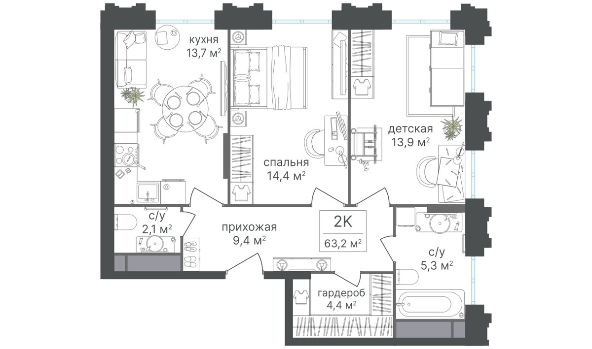 Планировка 63.2 м²