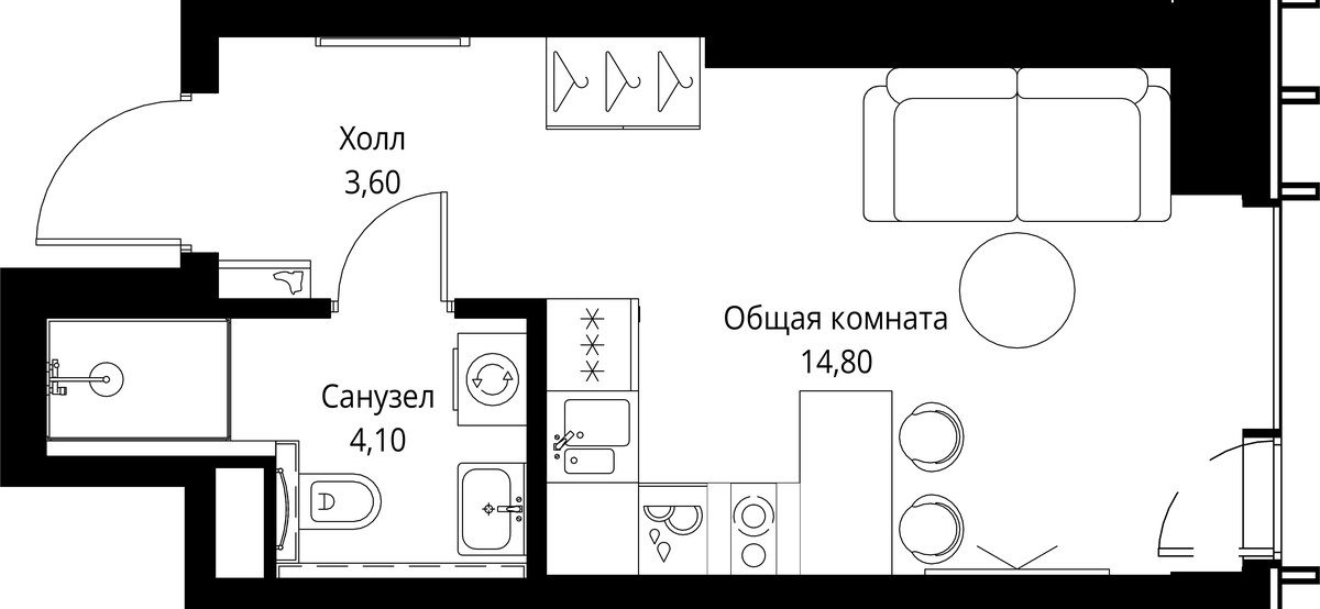 Планировка: 1-комнатная, 22.5 м²