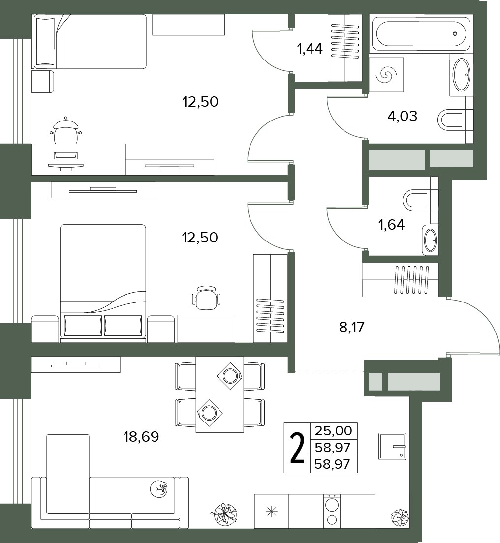 Планировка 58.97 м²