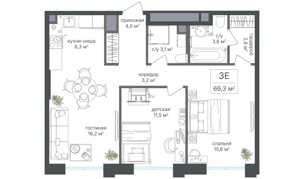 Планировка 54.0 м²