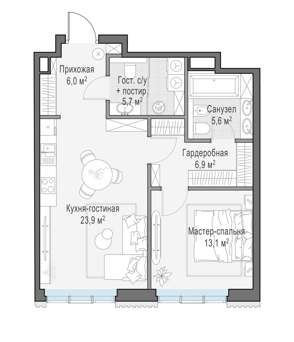 Планировка: 1-комнатная, 61.3 м²