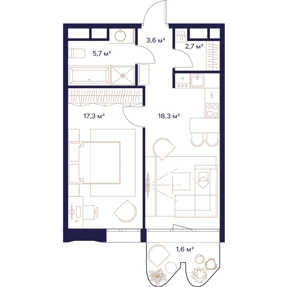 Планировка: 1-комнатная, 49.2 м²