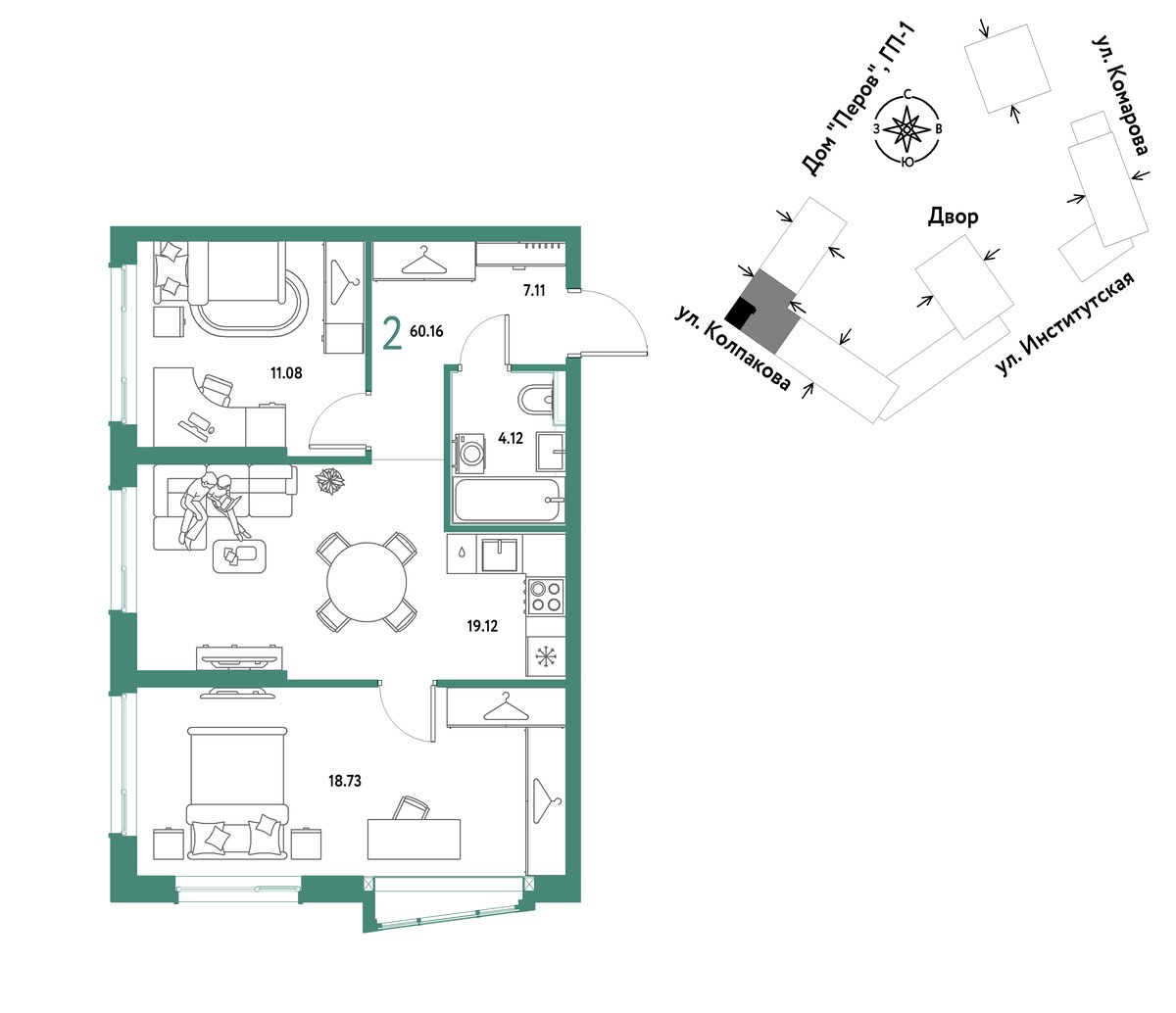 Планировка 60.16 м²