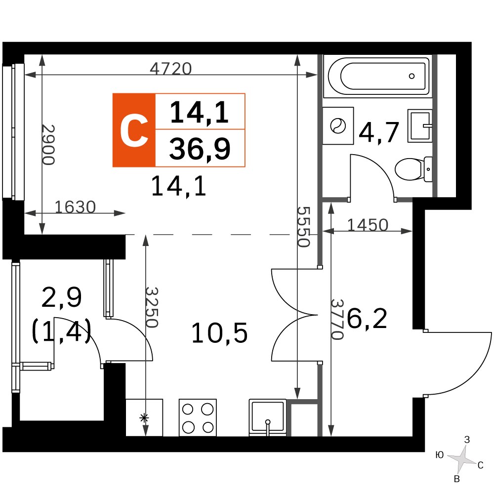 Планировка 34.8 м²