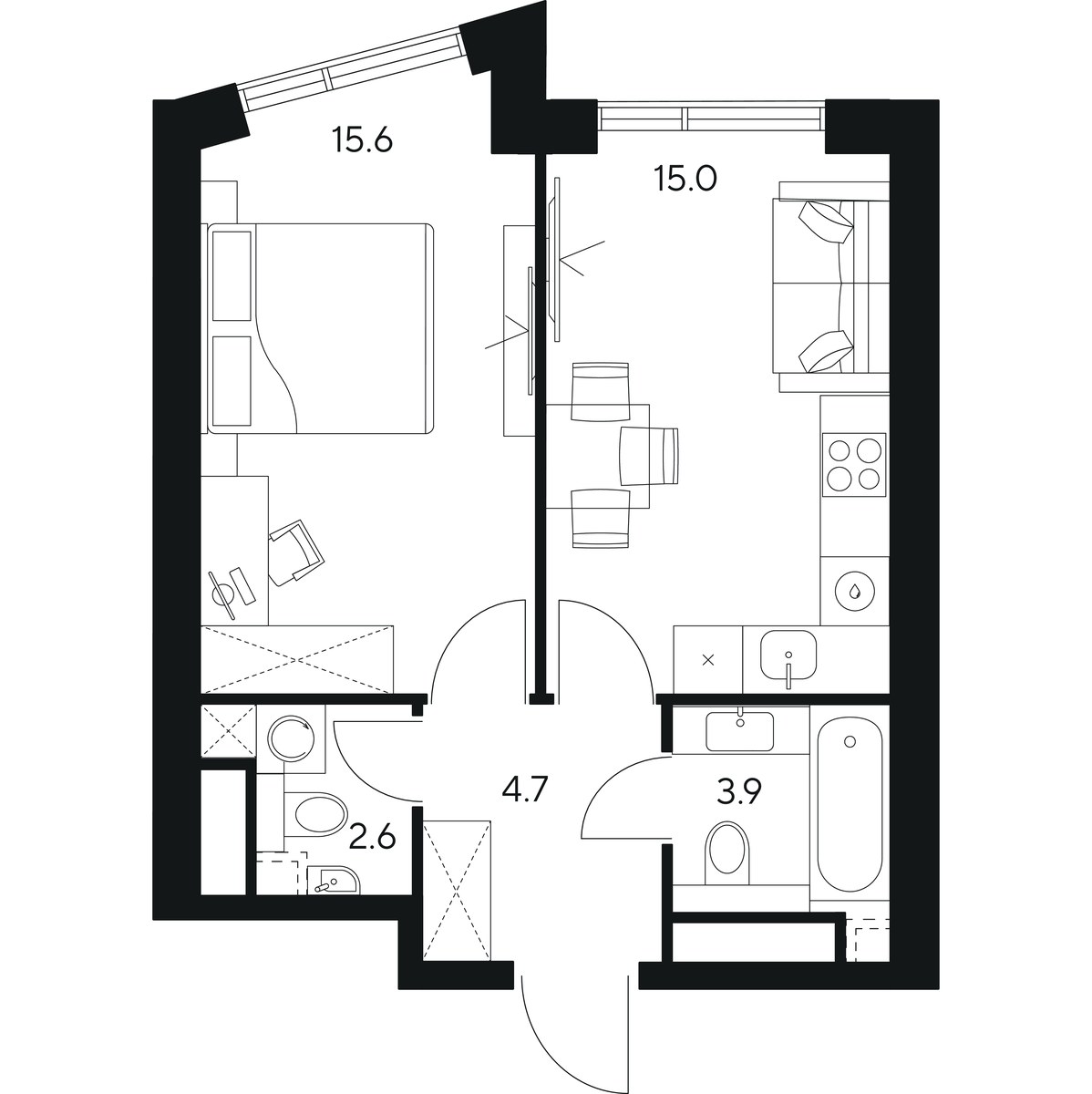 Планировка: 1-комнатная, 41.8 м²