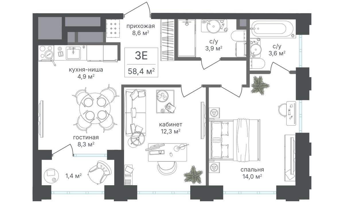 Планировка 57.0 м²