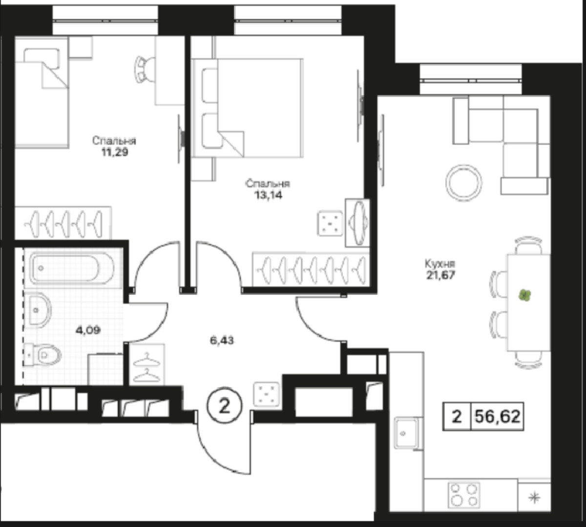 Планировка 56.62 м²