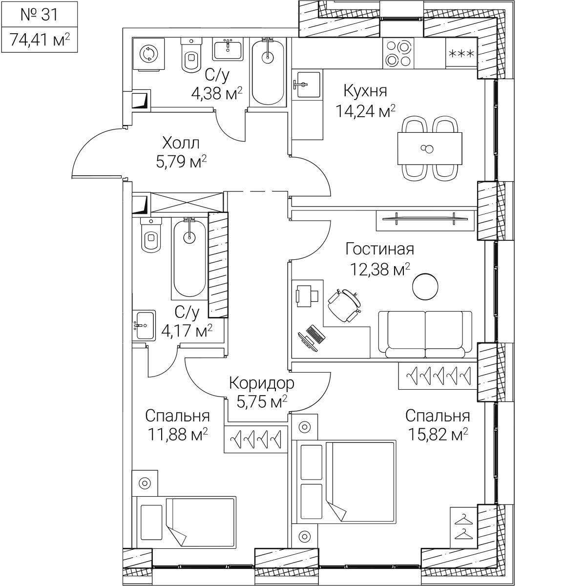 Планировка 74.41 м²