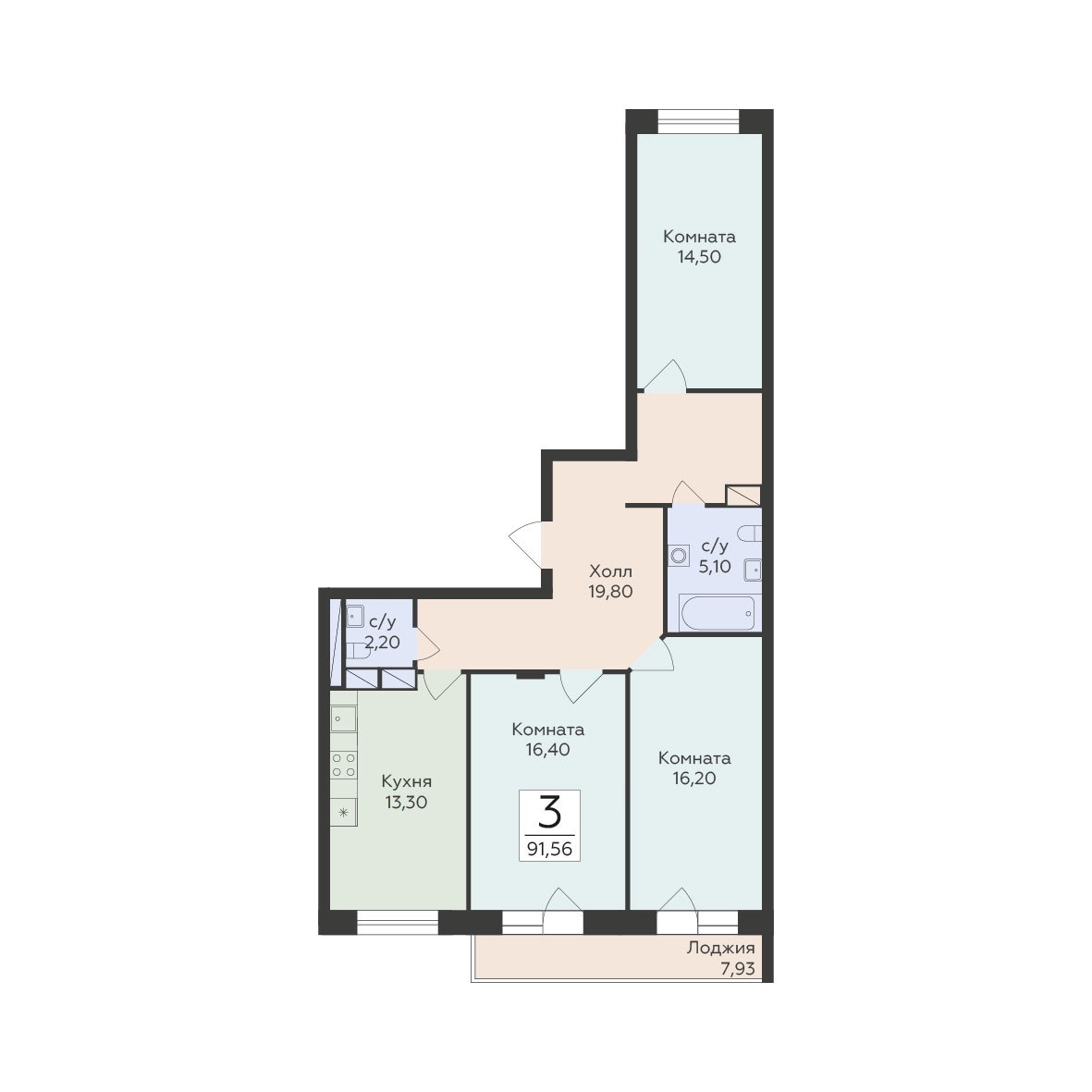 Планировка 91.56 м²